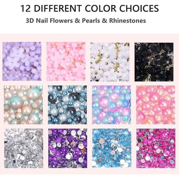 3780 st Nail Charms Art Strass Flower Pearls Kit,nagelklistermärken Gems 3d Flower Strass För Naglar Tillbehör Saker Hantverk Ansiktssmink Tand G