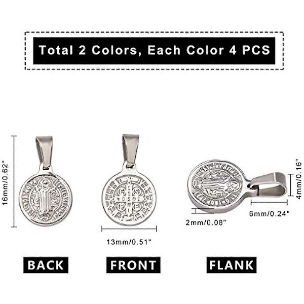 8 stk. 2 Farver Flad Rund med Sankt Benedikt Medalje Charms 304 Rustfrit Stål Vedhæng 4x6mm Stort Hul Charms Metal Flad Rundt Vedhæng til DIY Halskæde