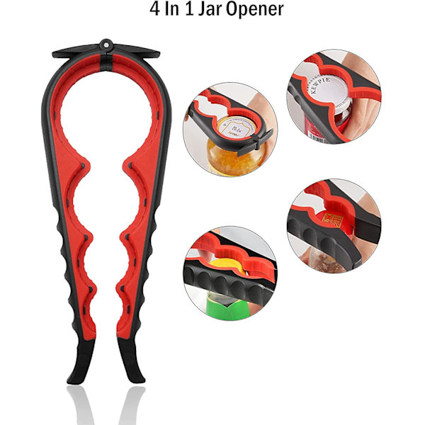 Burköppnare för svaga händer eller seniorer med artrit, 4-i-1 multifunktionsburköppnare gripare flasköppnare Black-red
