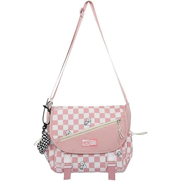 Kawaii Japansk Skolväska Harajuku Rutig Messenger Tote Bag Estetisk Y2k Ita Väska Crossbody Flickor Kawaii Skolmaterial (Rosa, One Size)