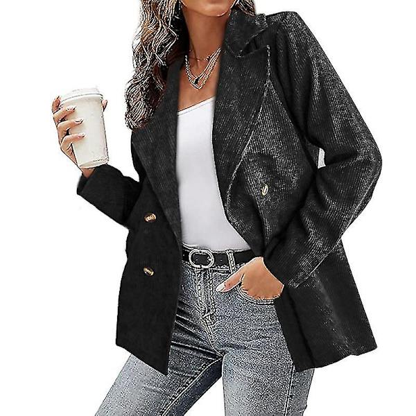 Kordfløyelsjakke for kvinner, ensfarget, løs jakke med jakkeslag, moteriktig yttertøy med lange ermer for 2XL Charcoal Black