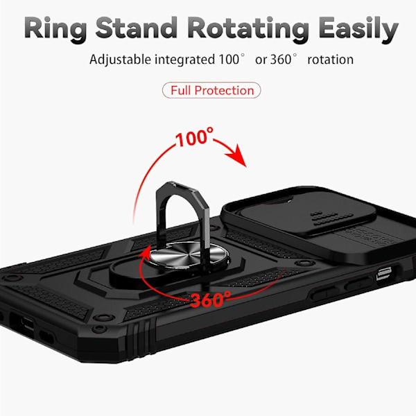 Armor-kotelo iPhone-jalustalle, jossa liukukameran suojus ja jalusta, sotilastason kestävä suojaus magneettipidikkeellä iPhone12PRO MAX -puhelimelle (musta)