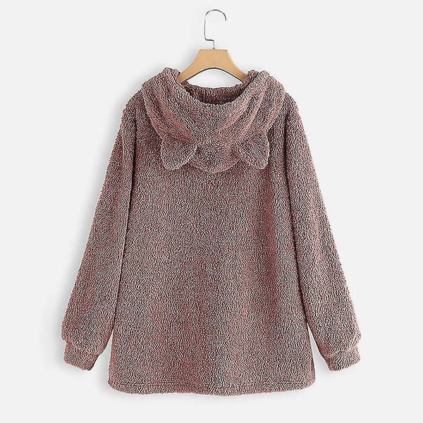 Oversize Fleece Hættetrøje Med Katteører Kvinder Efterår Vinter Pullover Dobbeltsidet Plys XL Wine Red