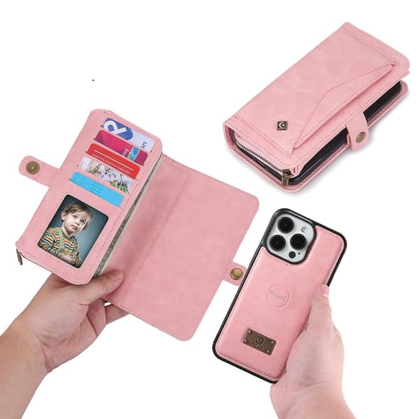 Læderetui med lynlåspung til iPhone 15 Plus Pink
