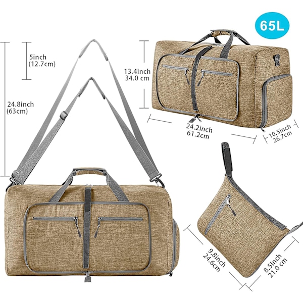 Reise-Dufflebag for menn, 65l sammenleggbar reise-duffelbag med sko-rom nattpose for menn kvinner vanntett og rivebestandig khaki