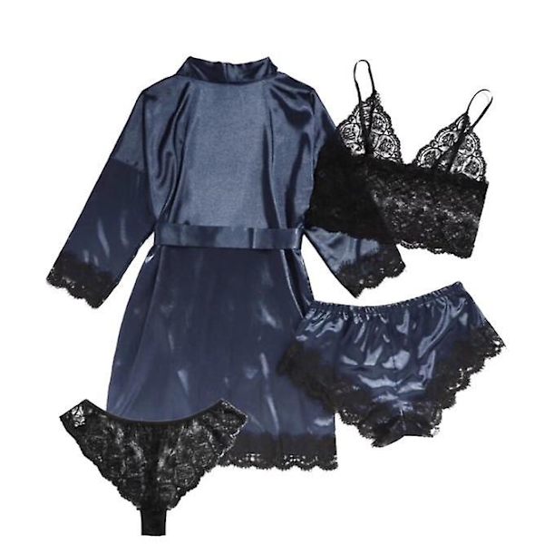 Naisten 4-osainen satiinipyjamasetti kylpytakilla Navy Blue M