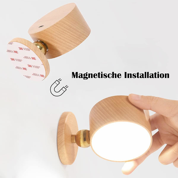 Træ Batteri Væglampe, USB Genopladelig Dæmpbar LED Indendørs Væglampe Med Touch Switch, 1500mAh Batteri, 360 Roterende