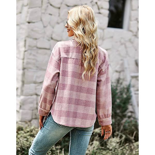 Rutete skjorte i landlig stil 2023 Høst og vinter Cardigan Lang kåpe Topp Dame Mote Løs Pink S