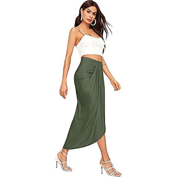 Kvinnors casual slits wrap asymmetrisk elastisk hög midja kjol Green L