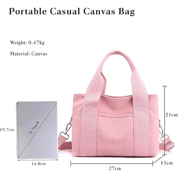 Canvas skuldertaske lille mulepose til kvinder afslappet tophåndtag taske flere lommer crossbody taske damer messenger taske pink