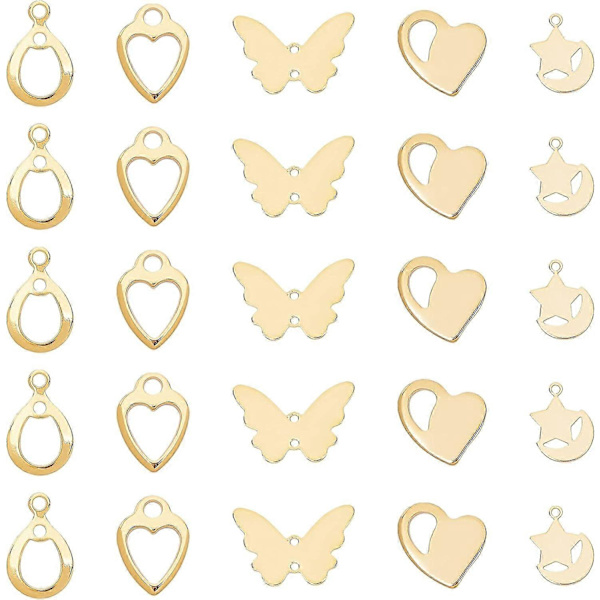 40 stk. Stjerne med Måne/Hjerte/Sommerfugl/Dråbe Charm Hypoallergeniske Link Charms Rustfrit Stål Vedhæng Gyldne Charms