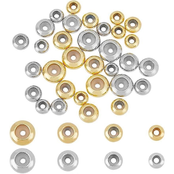 40 stk. 8 Stil Messingperler, med Gummi Inni, Skyveperler, Stopperperler, Rondelle, Platinum & Gullfarget, 6~10x3~4mm, Hull: 2mm, 5 stk/stil