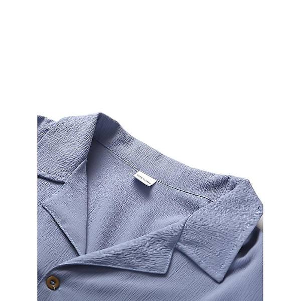 Herre fritidsskjorte langermet lapell krage strandskjorte topp Blue 2XL