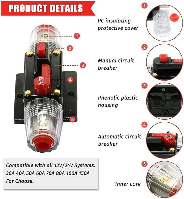 Bil Strømafbryder Sikring, 12v-24v DC Bilbeskyttelse, Manuel Reset Switch Bil Audio Sikring, In-line (60a)