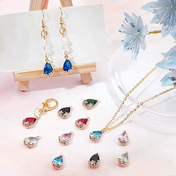 1 Æske 14 stk. 7 Farver Dråbeformet med Blomster Charms Transparent Glas Krystal Vedhæng Vanddråbe Rhinestone Vedhæng Smykkefund til Begyndere Kvinder