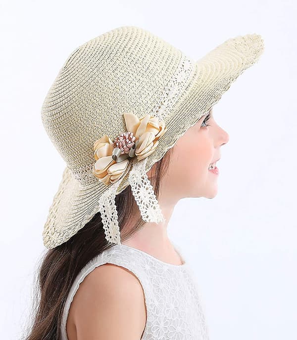 Liten flicka barn sommar halmhatt bred brätte floppy strand solskärm hatt