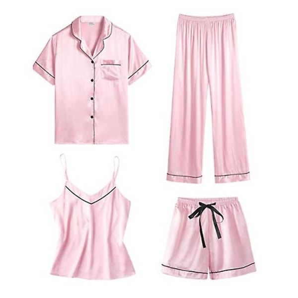 Dame 4-delt Pyjamassæt, Silke Satin Nattøj Sexet Cami Pink XL