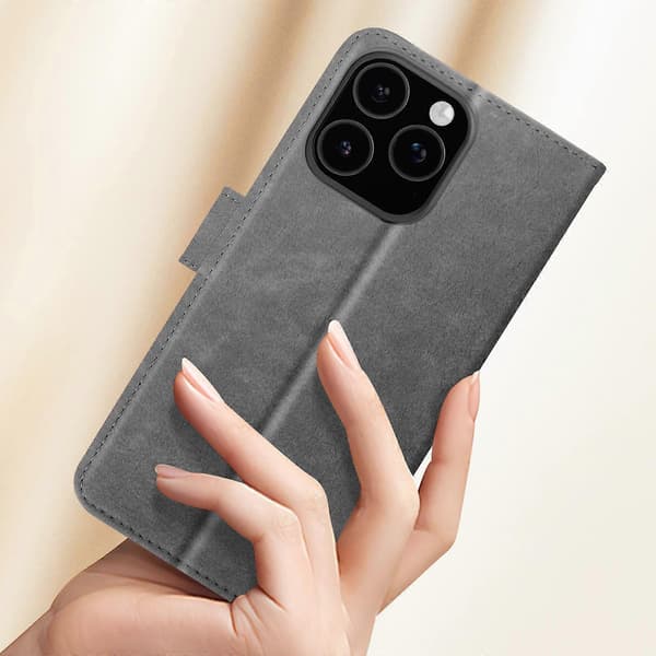 Kotelo iPhone 16 Pro Clapet Lompakko ja Videoteline, Harmaa