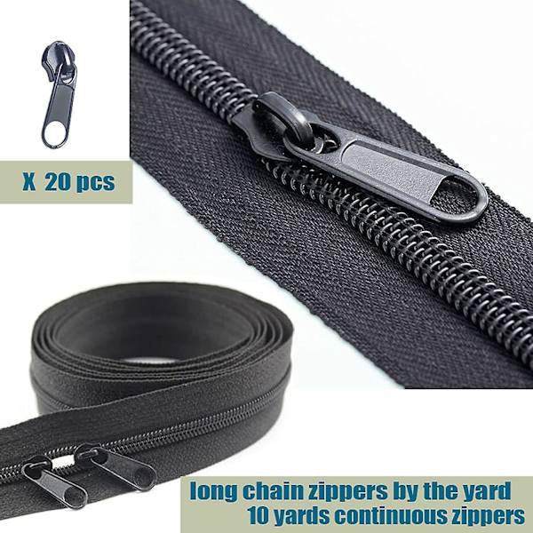 Glidelåser 10 Yards Nylon Spiral Glidelås Metervis med 20 stk Glidelåsklaffer og Glidelås Reparasjonssett for DIY Sying Skredder Håndverk Vesker (#3 Svart)