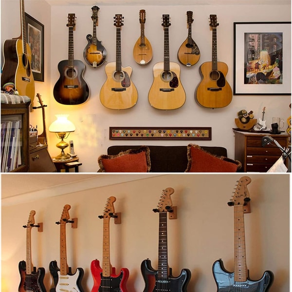 Gitarrväggfäste i äkta trä, 2-pack, gitarrhängare, väggkrok, hållare, stativ, display med skruvar - enkel att installera - passar alla storlekar på gitarrer, bas