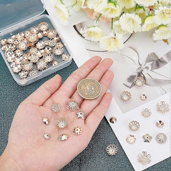 80 stk. 304 Perlehette i rustfritt stål, 8 stiler, Muiti-Petal, rund filigran blomsterkoppform, perle rosegull avstandsperler for armbånd, halskjede, smykkelaging