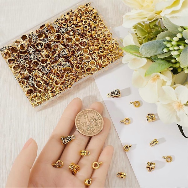 1 Æske 300 stk. Lås Bøjle Perler Guld Charm Spacer Perler Stort Hul Legering Dingle Cylindrisk Tekstureret Tibetansk Stil Bøjle Rør Perler til Smykkefremstilling Pe