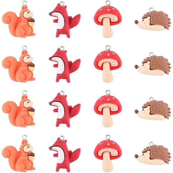 24 st Mini Resin Djurberlocker i 4 Stilar Skogsdjurberlock Små Svampar Ekorre Igelkott Räv Växtberlock Bulk för Smyckestillverkning Berlocktillbehör