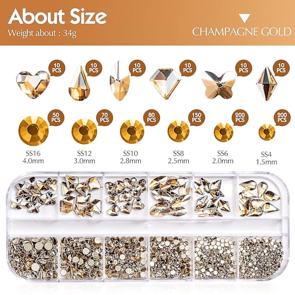 Nagelkonst Rhinestones, Multi Shapes Glas Kristall Ab Rhinestones, 3d Flatback Kristaller Diamanter Nagelstenar För Nagelkonst Hantverk (Champagne Guld)