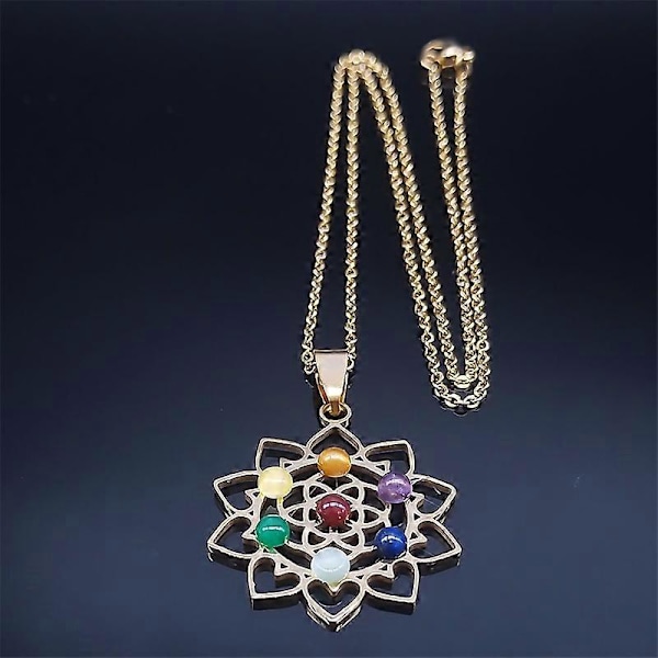 Helig Geometri 7 Chakra Metatron Hjärthalsband Livets Blomma Rostfritt Stål Opalsten Halsband Reiki Healing Smycken N1120S C 50CM O GD