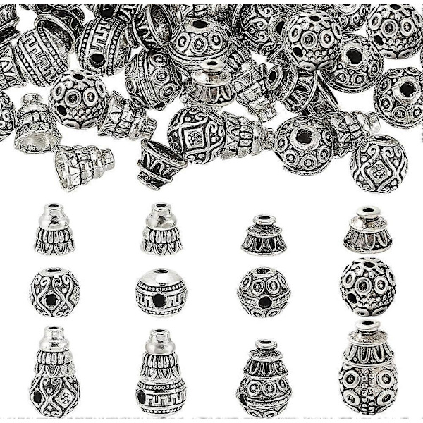 40 st 4 stilar Guru-pärlor Tibetansk stil Legeringspärlor 3-håls Kalebasser Pärlor T-borrade Pärlor för Mala Bönarmband Halsband Smyckestillverkning Antik Silver