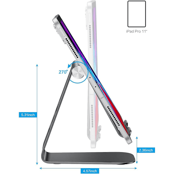 Justerbart nettbrettholder, minimalistisk nettbrettdokk i aluminium, kompatibel med nye iPad 10.9/10.2 iPad Pro 12.9/11, iPad Air 5/Mini 6, Svart
