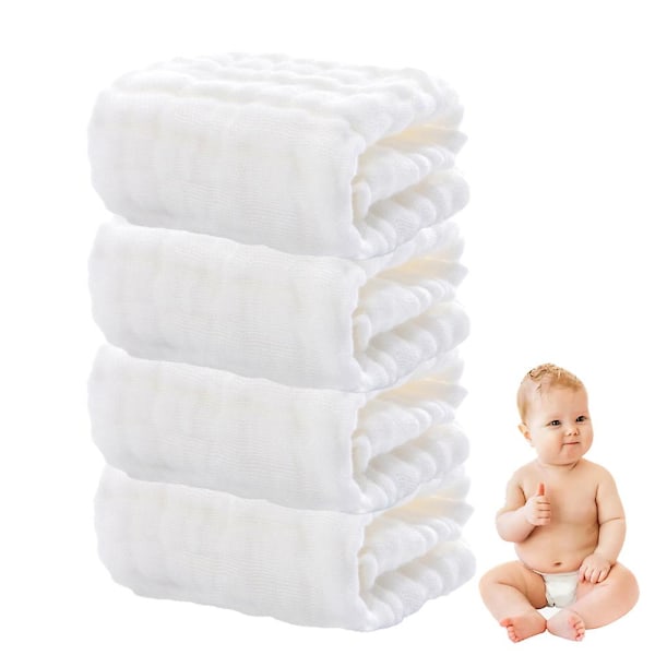 Baby Vaskeklude i Muslin - Bløde Ansigtsklude, Absorberende Bade- og Ansigtsklude, Pakke med 4 White