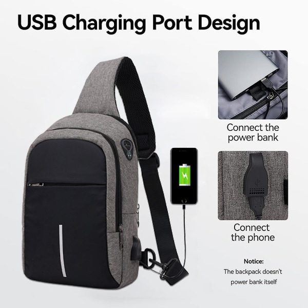 USB uppladdningsbar ryggväska för fritidsresor Stänksäker pendlaraxelväska grey