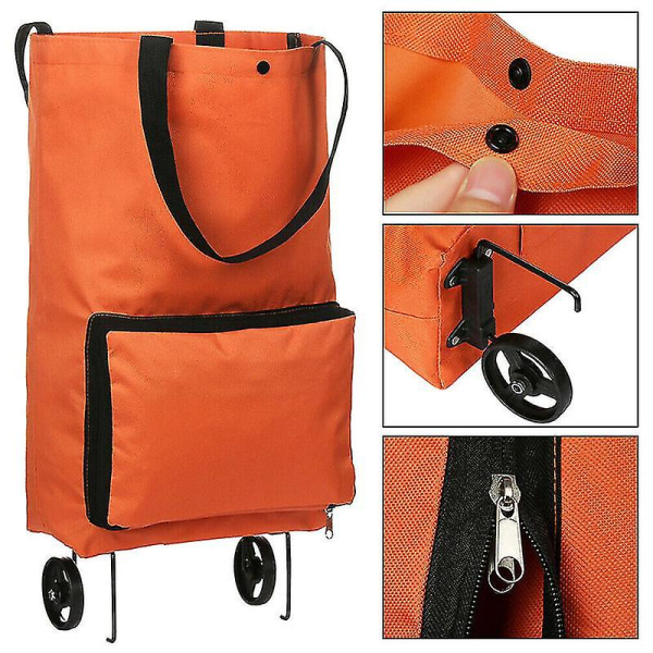 Bærbar Trillebag med Hjul Høy Kapasitet Supermarked Sammenleggbar Handlebag Tralle Orange
