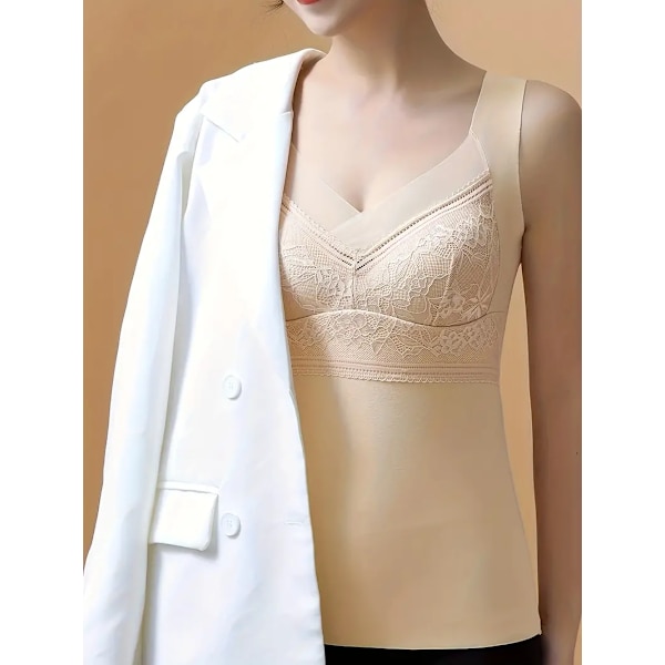 Spetsbroderad termisk underkläder, mjuk V-ringad ärmlös topp, damunderkläder & sovkläder beige 2XL