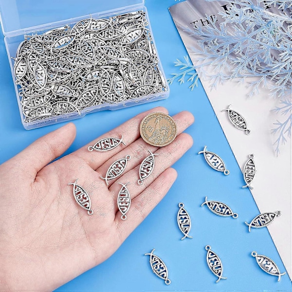160 st Jesusfisk Charm Antik Silver Tibetanska Hängsmycken Legering Kristna Fisk Hängsmycken Charm Pärlor för Påsk Eid Mubarak Ramadan Armband Halsband K