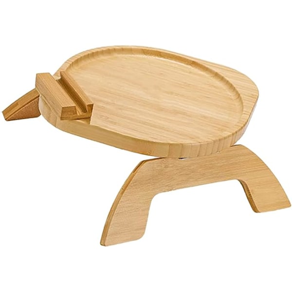 Armlænsbakke i træ med 360° roterende telefonholder, foldbar sofa, armlænsbakke, klemme, sofa, armbord, til brede sofaer (rund)