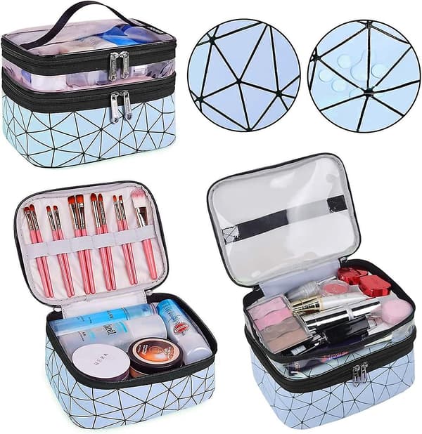 Makeup-väska set, dubbel lager genomskinlig makeup-organisationsväska med 2 stora kosmetiska väskor, 3-pack rese-makeup-väska blue