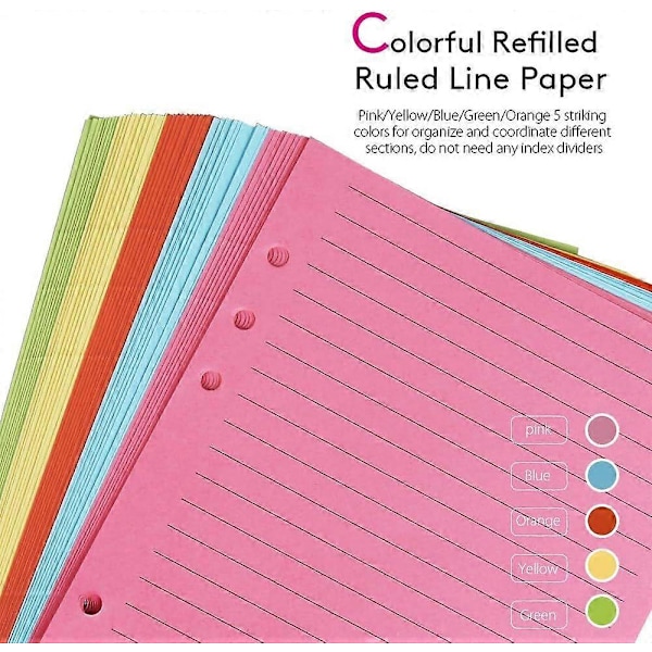 2 Förpackningar A5 Papper Färgglatt Linjerat, A5 Refill Papper 6 Hål 100 Ark Påfyllningsbart