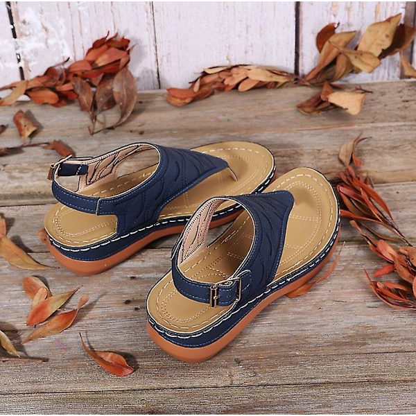 Dames Solid Farvede Brodererede Flip Flop Sandaler Strandtøfler 086 Blue EU 40