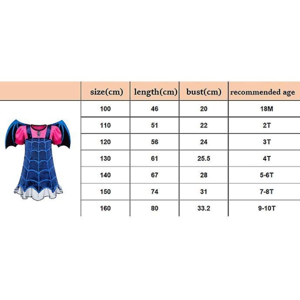 Flaggermus Vampyrkostyme for jenter, Halloween-klær Cosplay-kjole for barn 160CM