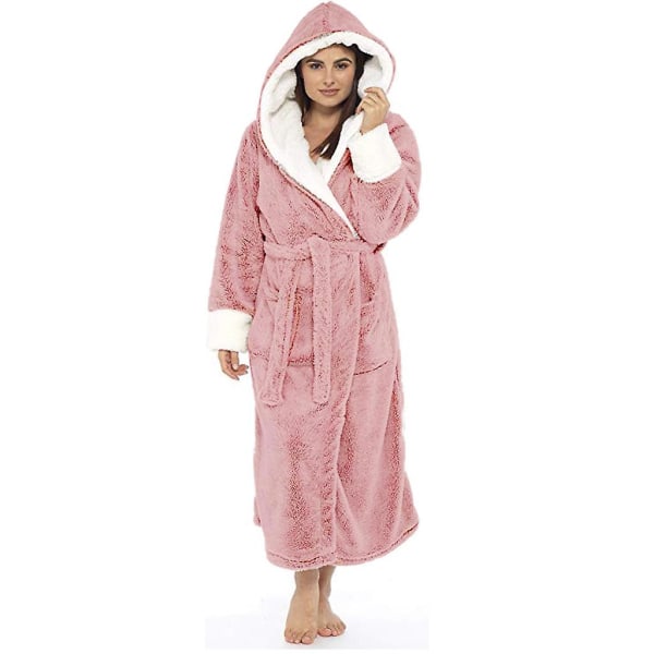 Badrock i fleece, mjuk morgonrock för damer, luva, fluffig handduk lång badrock Pink L