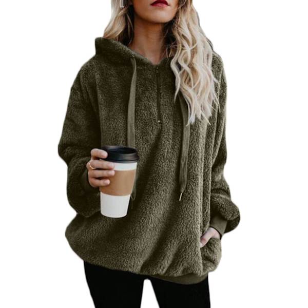 Blød Fuzzy Sweatshirt til Kvinder - Efterår & Vinter - Varmt Lynlås-Hoodie Trøje 4XL Army Green