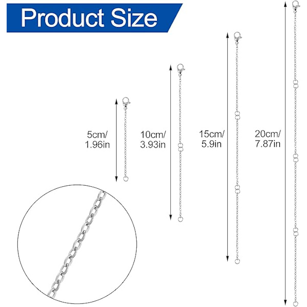 Kaulakorun jatkoketju, jatkoketju rannekorun jatke ketjulukko kaulakorulle 4 kpl pituus: 5 cm 10 cm 15 cm 20 cm