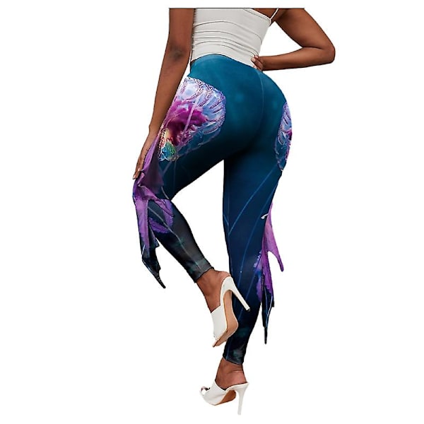 Kvinnors sjöjungfru fiskfjäll leggings magkontroll yoga byxor Navy M