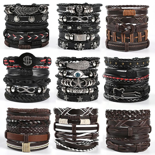 (b) Sort og brunt flettet læderarmbånd til mænd og kvinder, bredt, punk smykker, kraniearmbånd