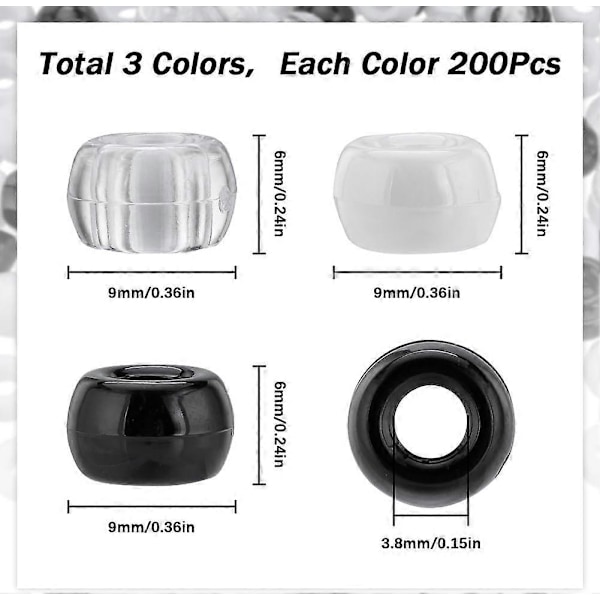 600 stk. Ponyperler Bulk 6x9mm Opaque Ponyperler Svart Hvit Plastperle Klar Transparent Ponyperlesett Runde Håndverksperler for Smykkelaging Perling