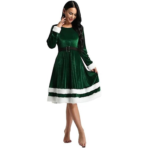 Womens Mrs Santa Claus Kostym Jul Sammet Långärmad Klänning Green L