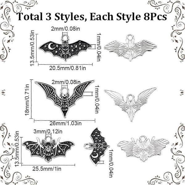 1 Ask 24 st Bat Charm Gothic Svart Emalj Fladdrande Fladdermöss Charm Halloween Blodsugande Djur