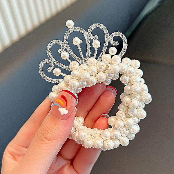 Søde glitrende krone scrunchies dejlig hvid perle elastisk hårbånd til små piger 7